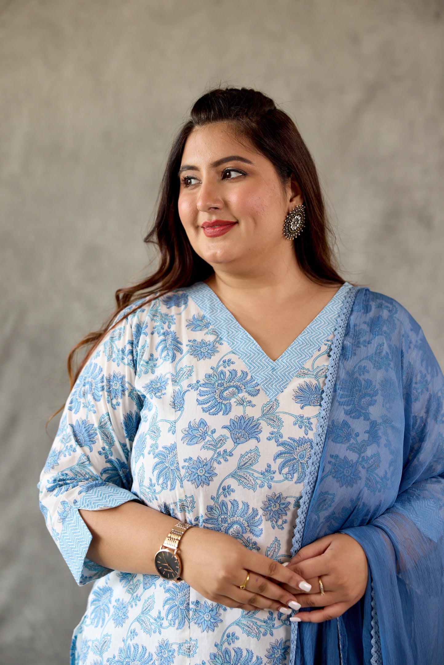 Blue Blossom White Cotton Kurta Set - (Set of 3)-3