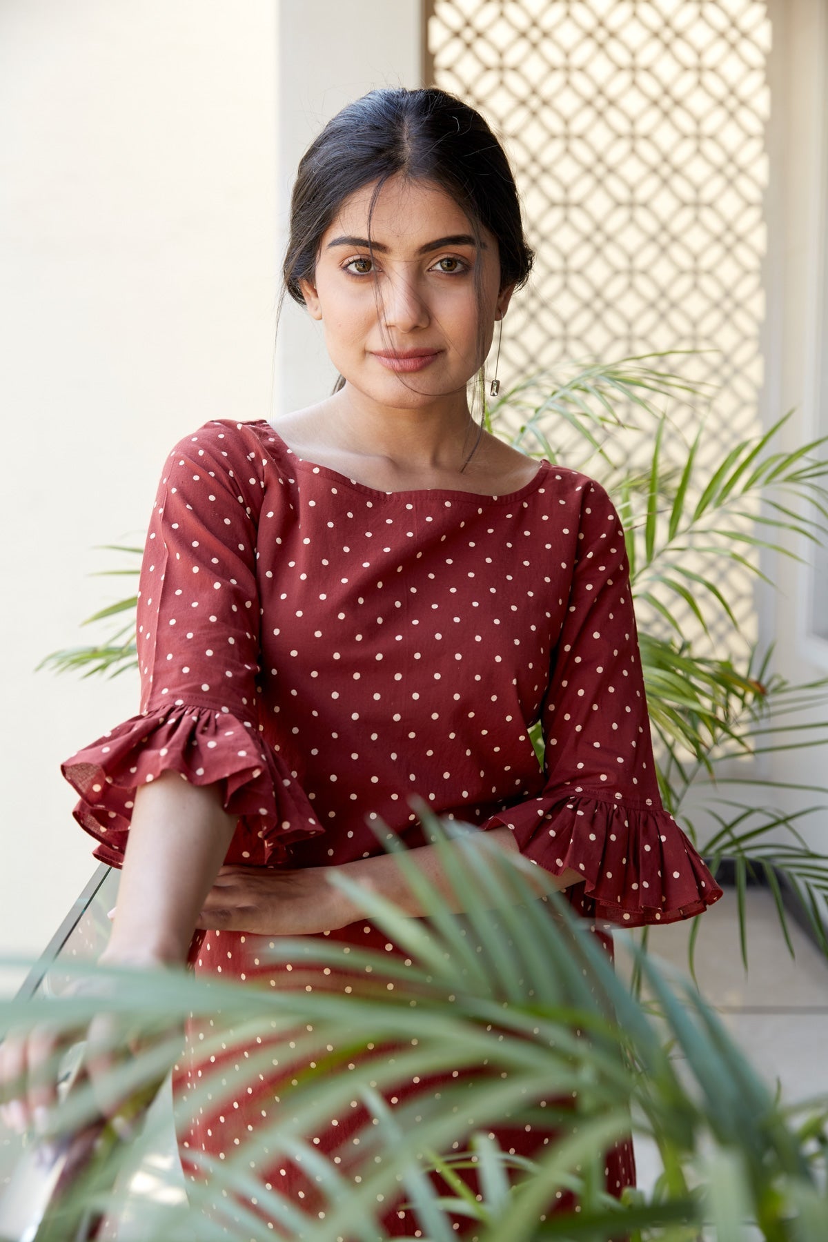 Maroon Polka Tiered Maxi Dress-2