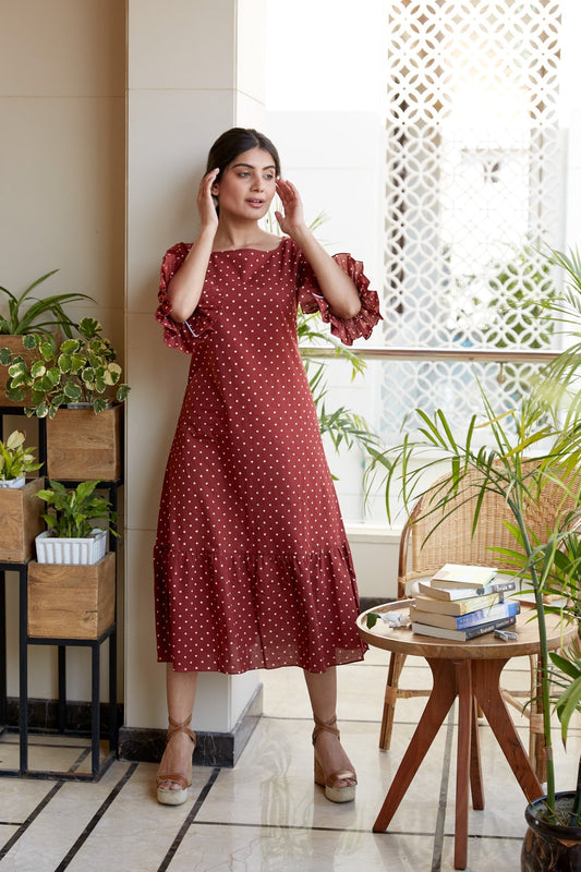 Maroon Polka Tiered Maxi Dress-0