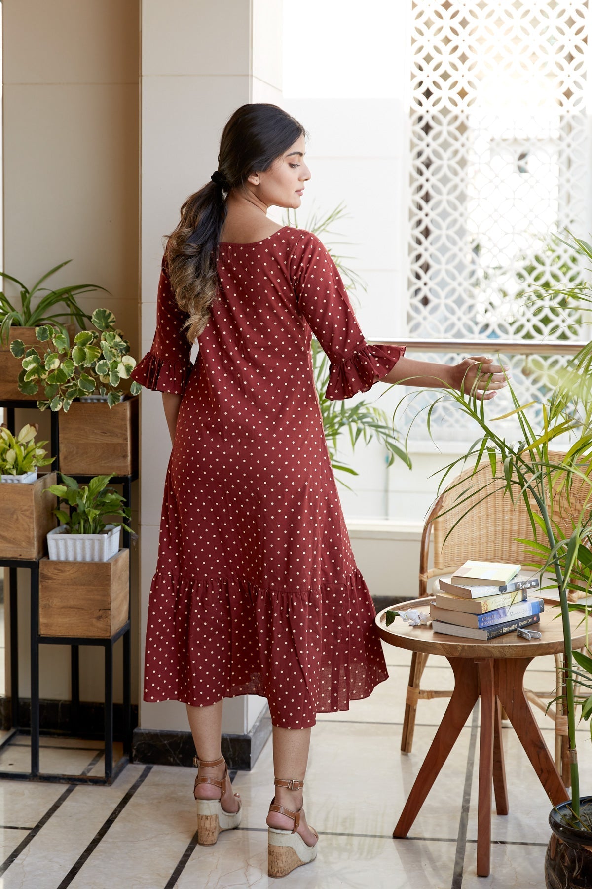 Maroon Polka Tiered Maxi Dress-3