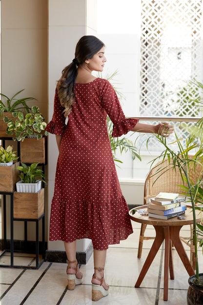 Maroon Polka Tiered Maxi Dress-3