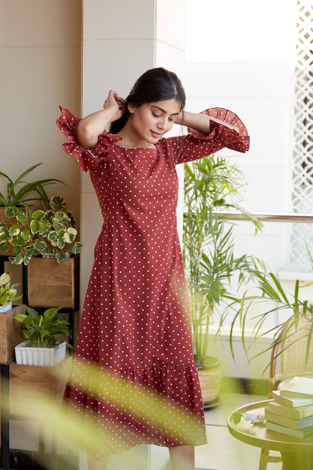Maroon Polka Tiered Maxi Dress-1