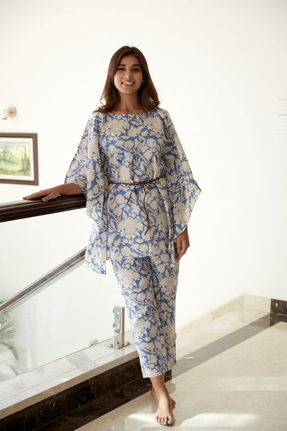 Blue Printed Cotton Kaftan Co-ord Set-1