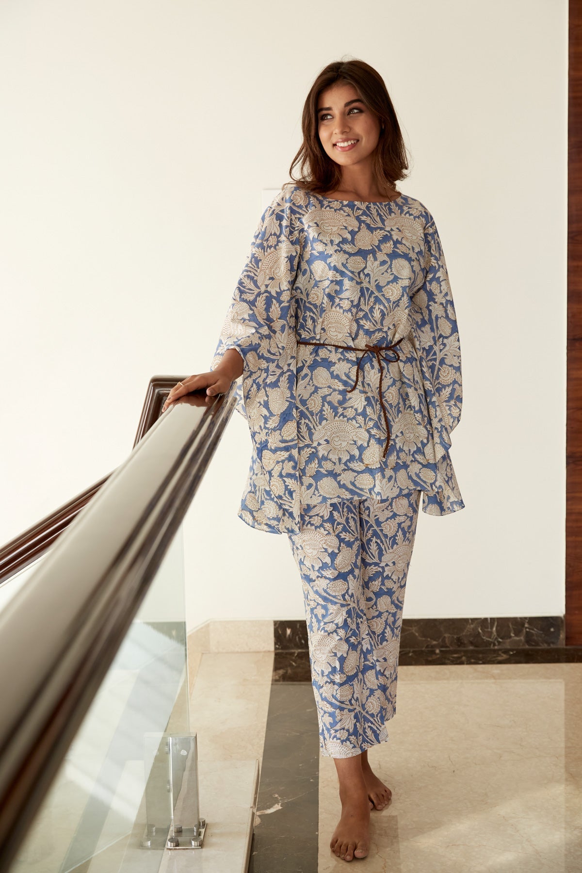 Blue Printed Cotton Kaftan Co-ord Set-2