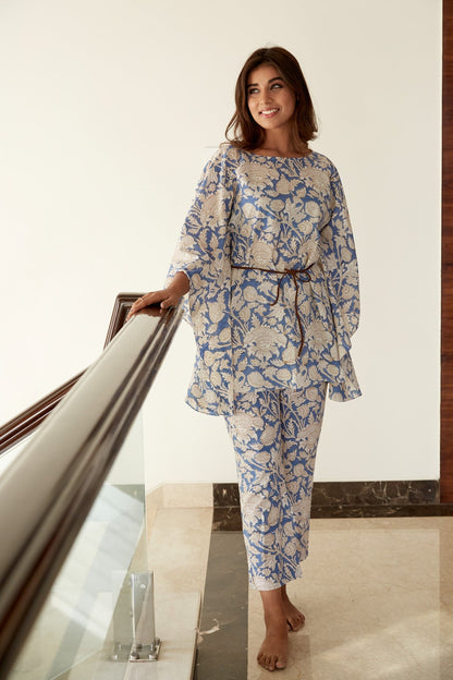 Blue Printed Cotton Kaftan Co-ord Set-2