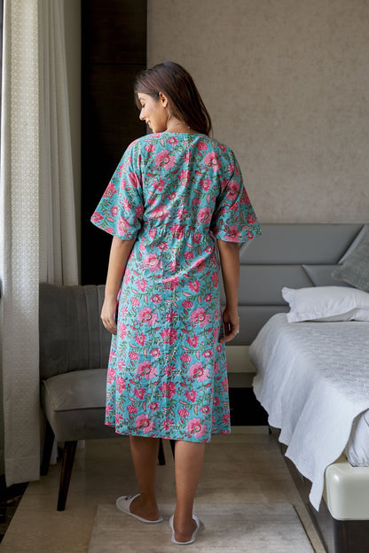 Blue Floral Cotton Kaftan Dress-3