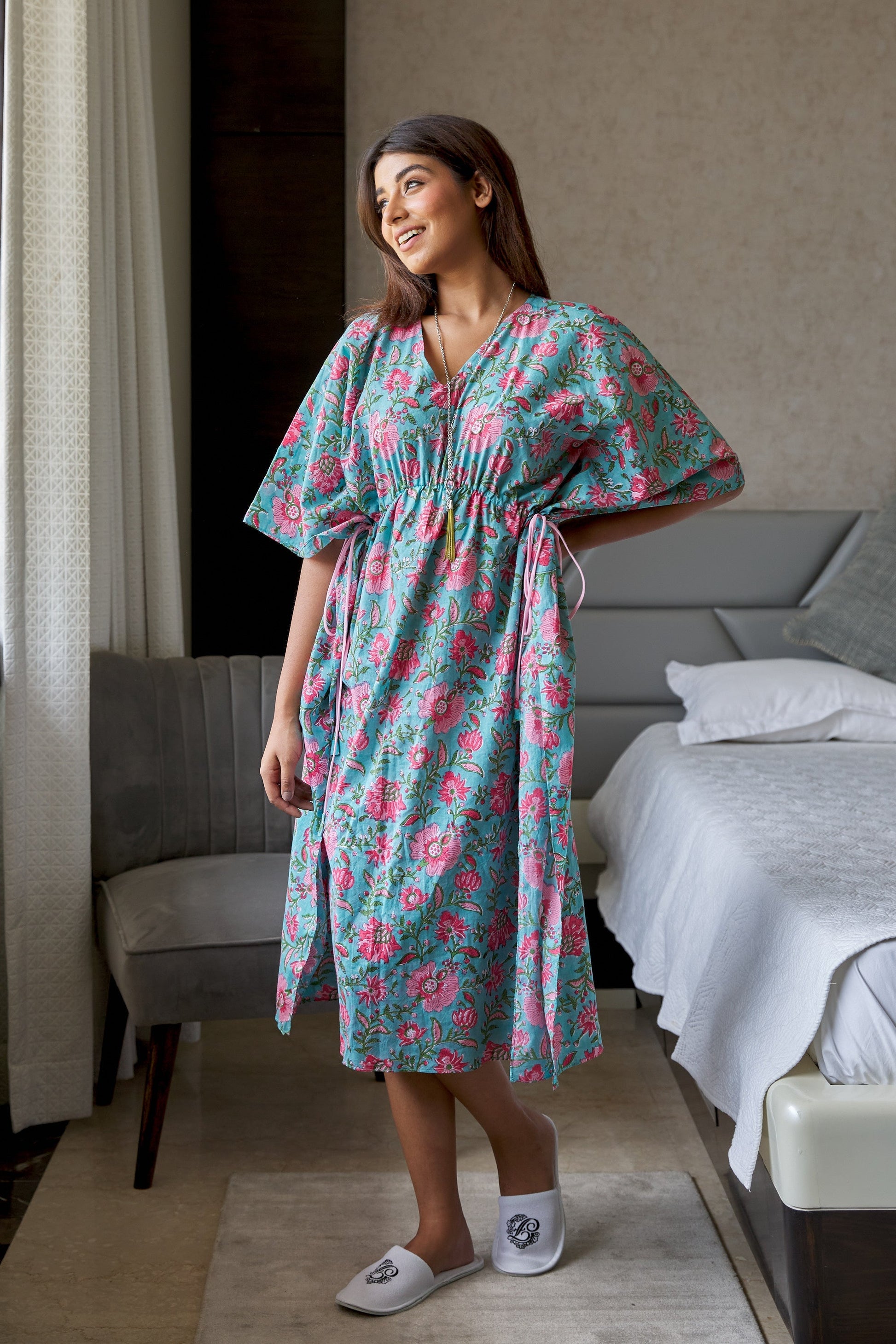 Blue Floral Cotton Kaftan Dress-0
