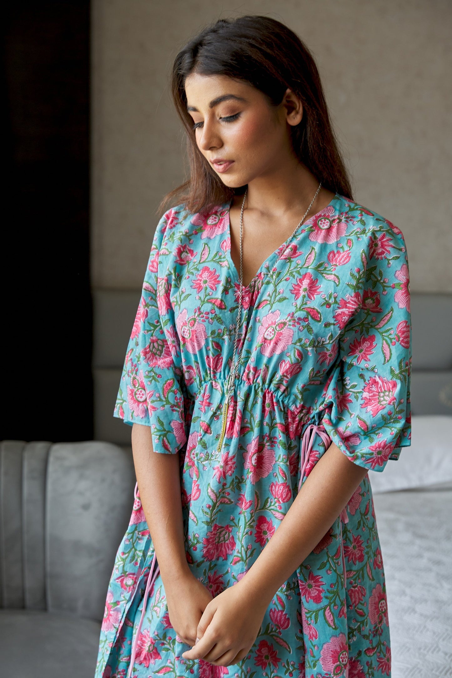 Blue Floral Cotton Kaftan Dress-1