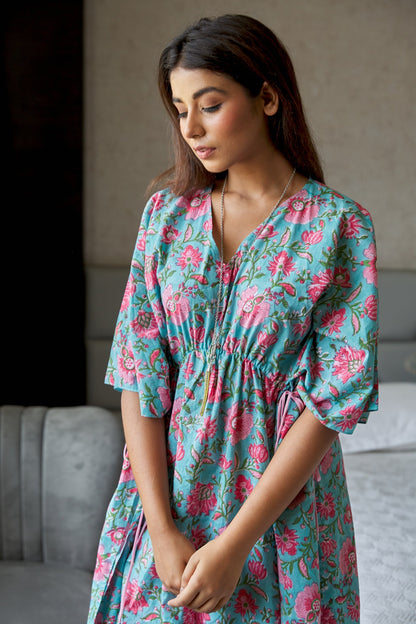 Blue Floral Cotton Kaftan Dress-1