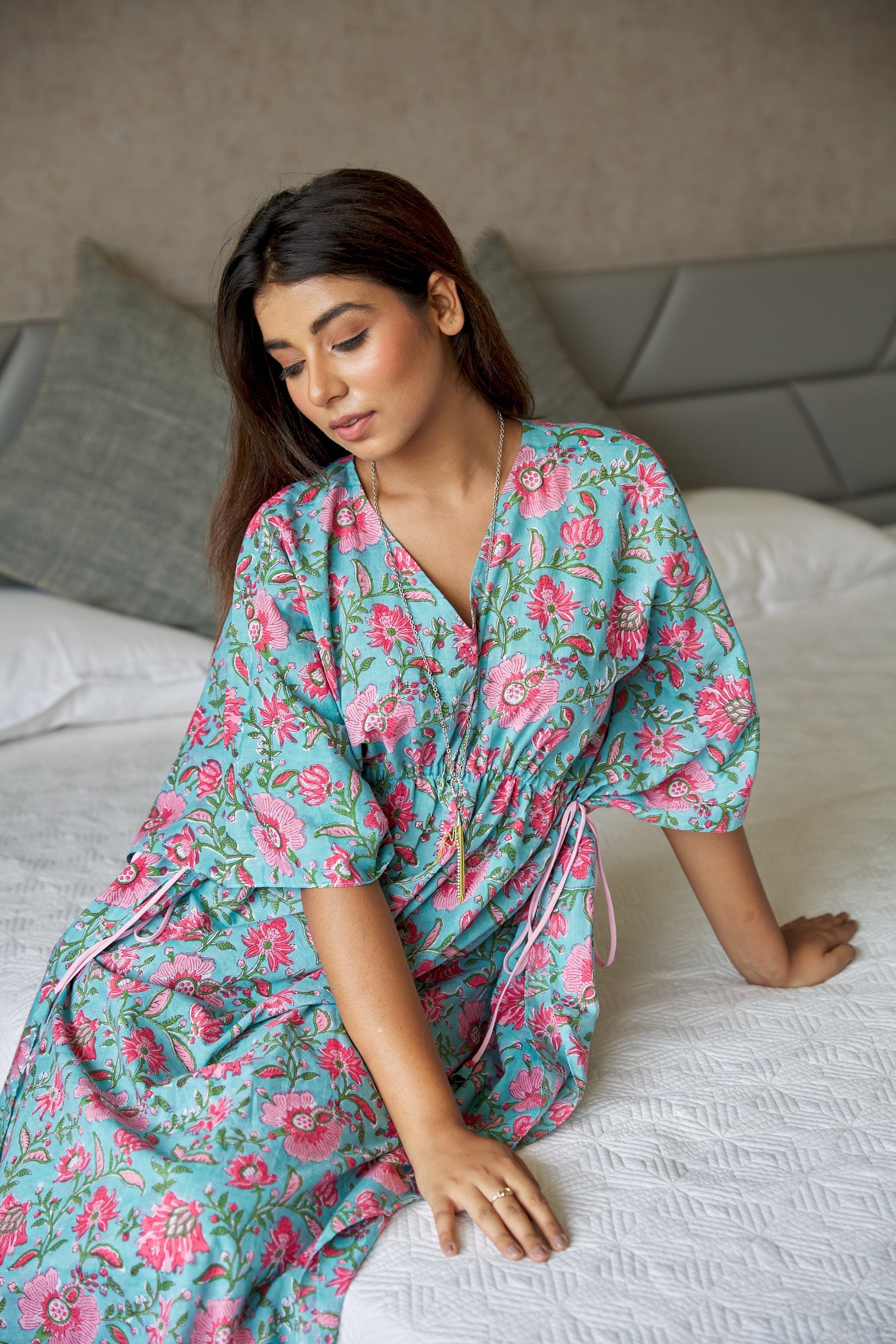 Blue Floral Cotton Kaftan Dress-2