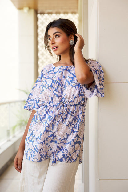 Blue Cotton Printed Drawstring Top-0