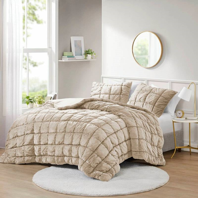 Full/Queen Beige Velvety Soft Down Alternative Comforter Set-2