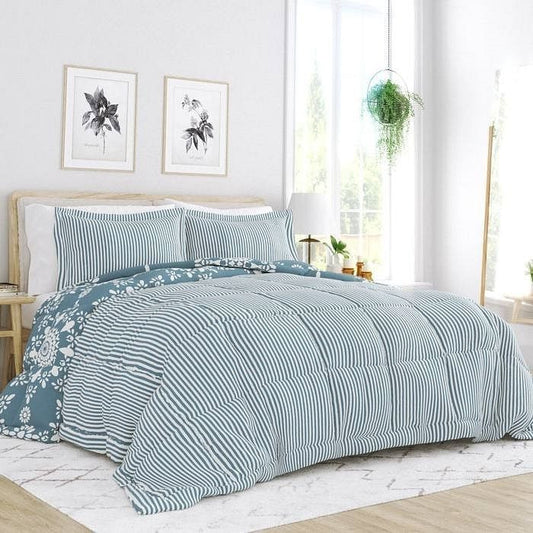 King size 3-Piece Blue and White Reversible Floral Striped Comforter Set-0