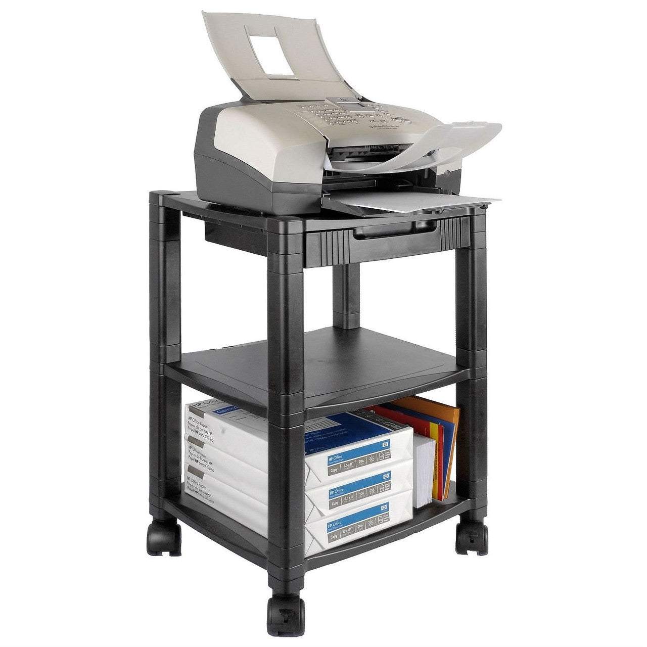 3-Shelf Mobile Printer Stand with Organizer Drawer in Black-0