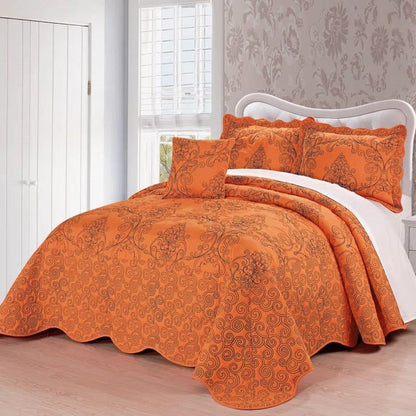 King size Orange Nectarine Damask Embroidered 4 Piece Oversized Bedspread Set-0