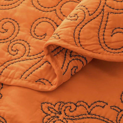 King size Orange Nectarine Damask Embroidered 4 Piece Oversized Bedspread Set-1
