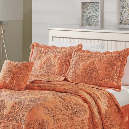King size Orange Nectarine Damask Embroidered 4 Piece Oversized Bedspread Set-2