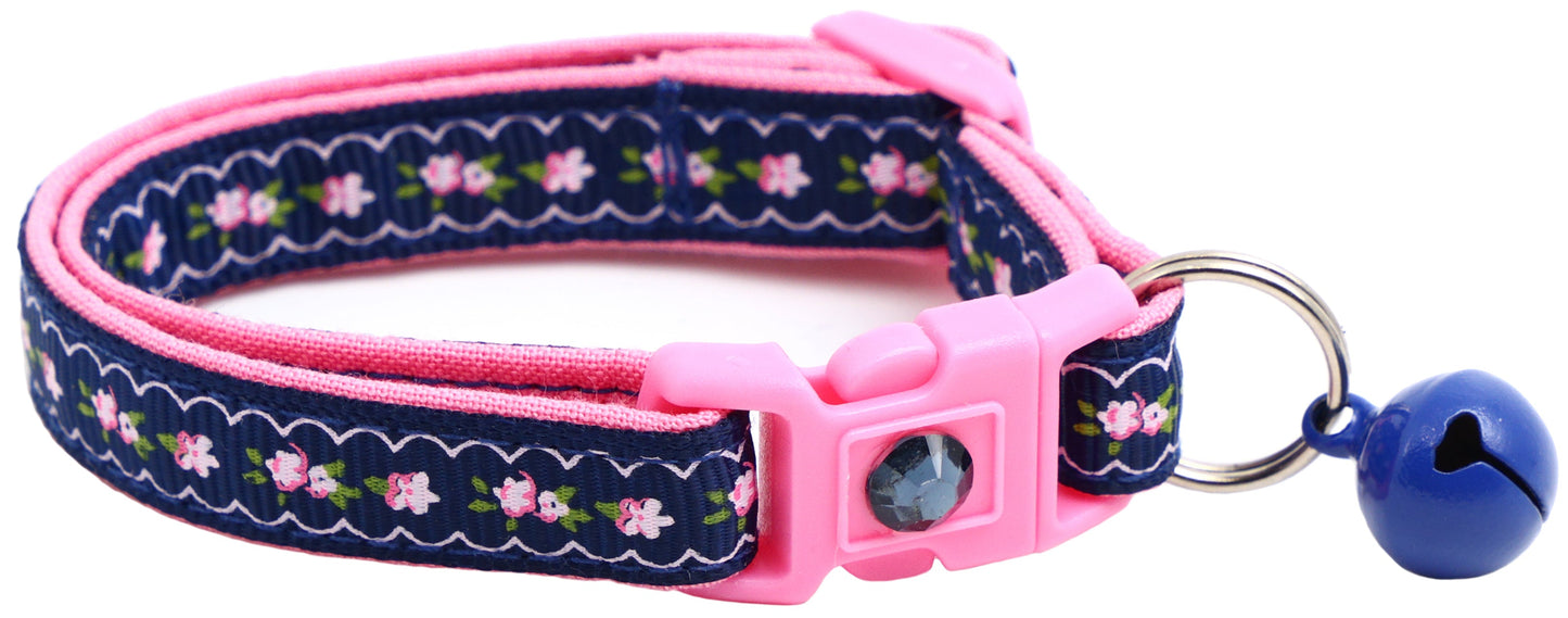 Pink Flowers and Lace on Navy Blue Breakaway Cat Collar-5