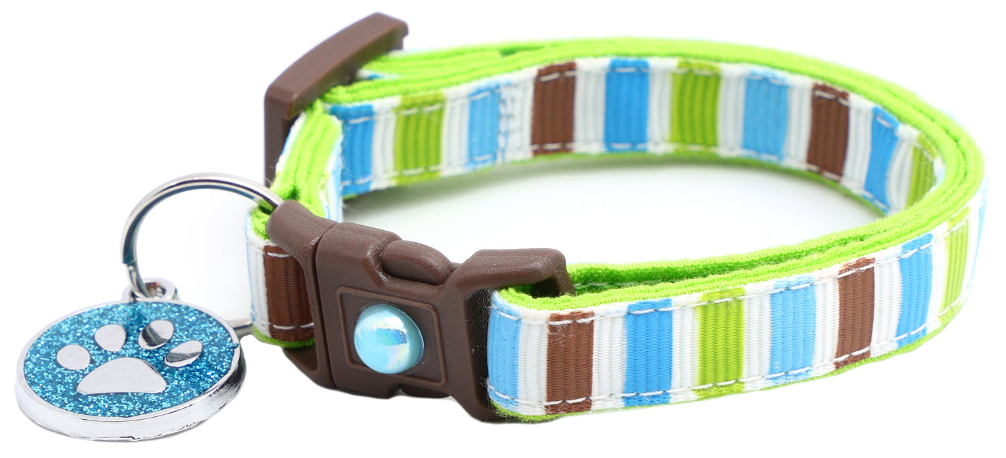 Green, Brown, and Blue Stripes Cat Collar-6