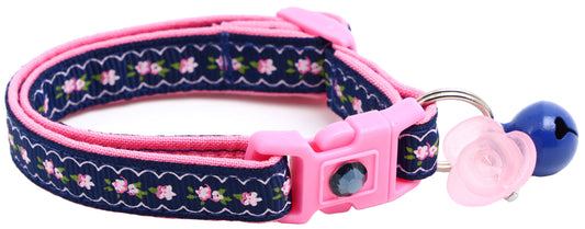 Pink Flowers and Lace on Navy Blue Breakaway Cat Collar-0
