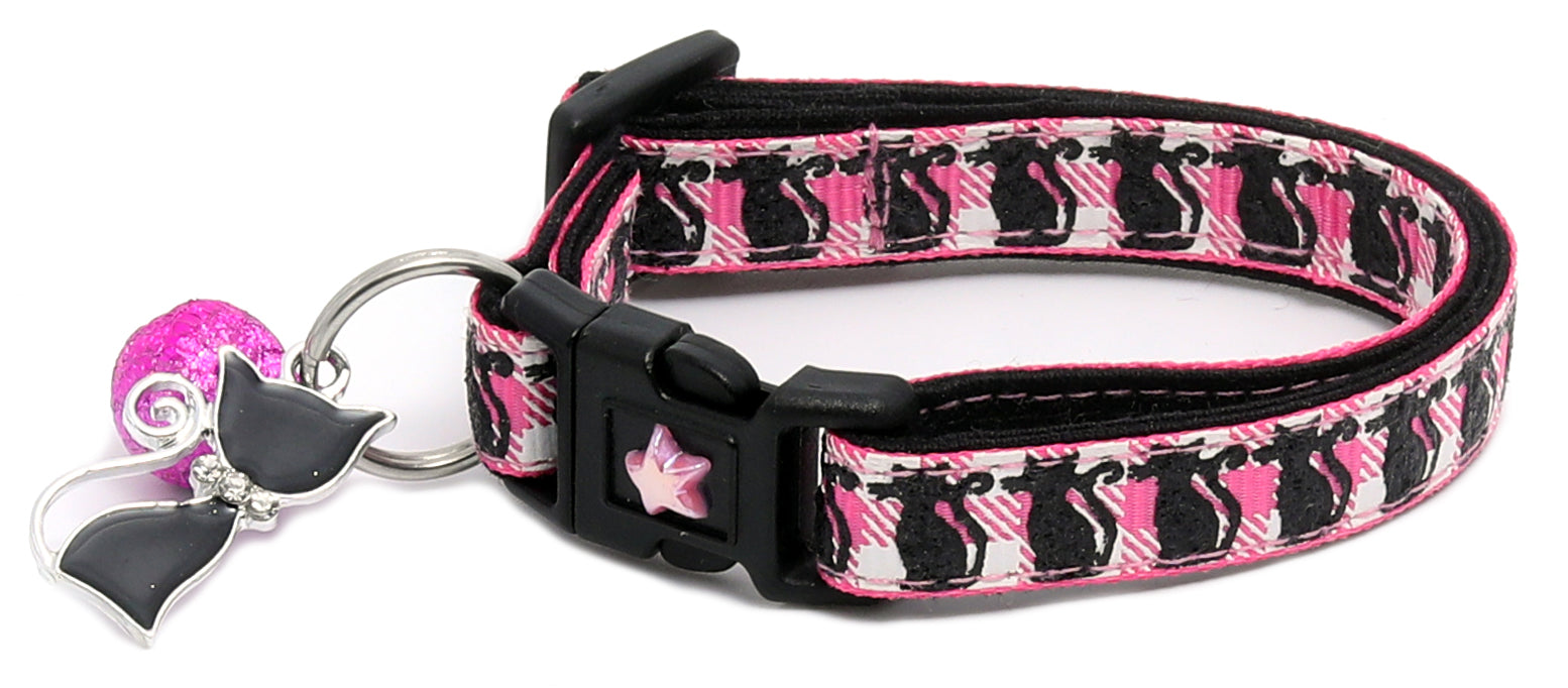 Glittering Black Cats on Plaid Breakaway Cat Collar-25