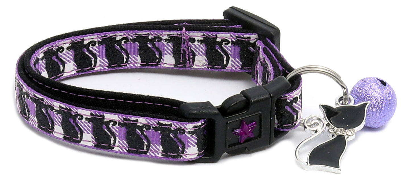Glittering Black Cats on Plaid Breakaway Cat Collar-21