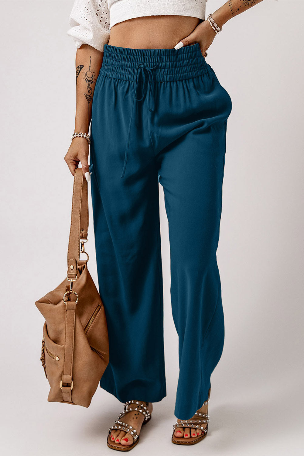 Kenzie Drawstring Elastic Waist Casual Wide Leg Pants-4