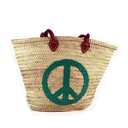 Abella Large Straw Basket with a Green Peace Sign-1