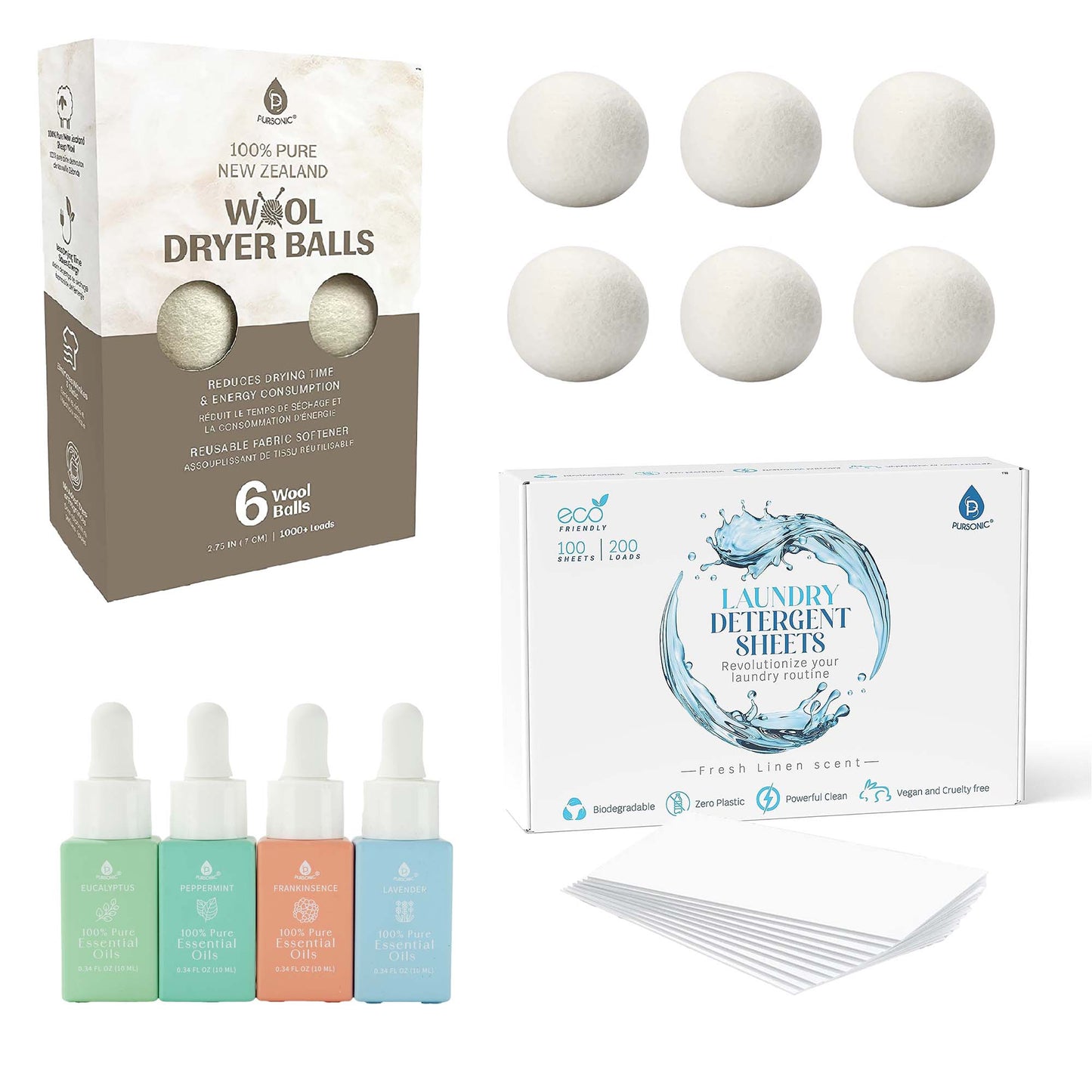 Eco-Friendly Laundry & Wellness Bundle – Detergent Sheets, Wool Dryer Balls, and Essential Oils-0