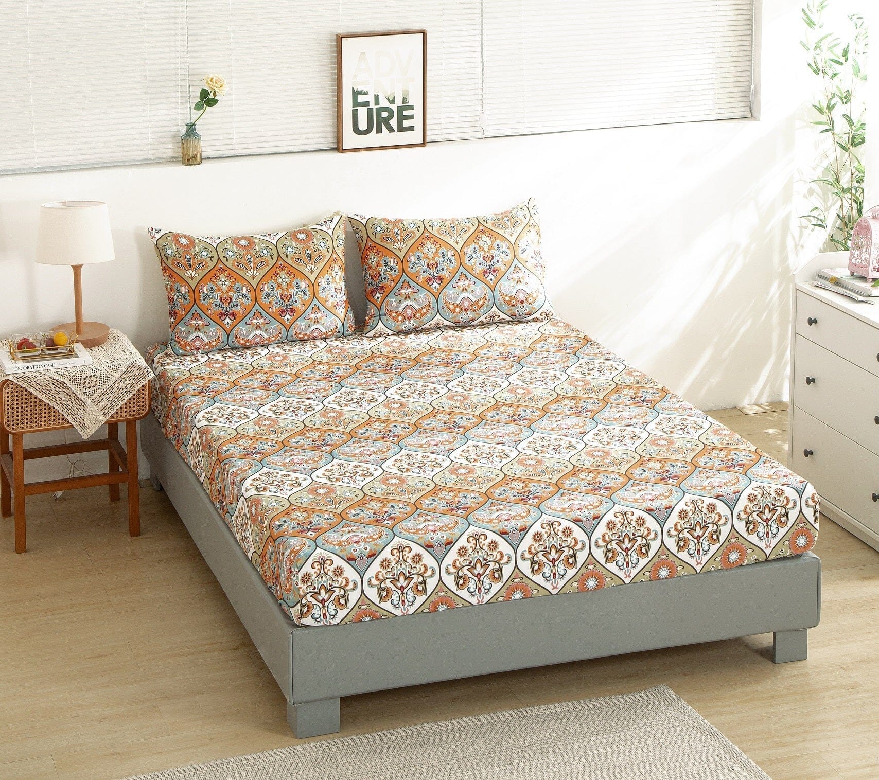 DaDa Bedding Bohemian Fitted Sheet w/Pillow Cases - Coral Teal Floral Paisley Botanical Garden Party - Bright Vibrant Multi-Colorful Blue Salmon Pink-4