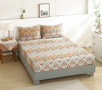 DaDa Bedding Bohemian Fitted Sheet w/Pillow Cases - Coral Teal Floral Paisley Botanical Garden Party - Bright Vibrant Multi-Colorful Blue Salmon Pink-4