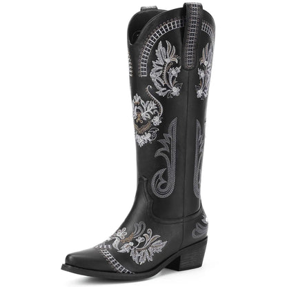 Dixhills Black Cowboy Boots for Women - Wide Calf Knee High Cowgirl Boots Glitter Sparkly Rhinestone Western Country Boots with Classic Embroidery Pointed Toe Pull On Zipper Retro Boots Size 8.5