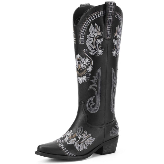 Dixhills Black Cowboy Boots for Women - Wide Calf Knee High Cowgirl Boots Glitter Sparkly Rhinestone Western Country Boots with Classic Embroidery Pointed Toe Pull On Zipper Retro Boots Size 8.5
