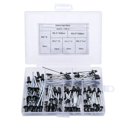120PCS Black Aluminum Pop Rivets Set M2.4 M3.2 M4