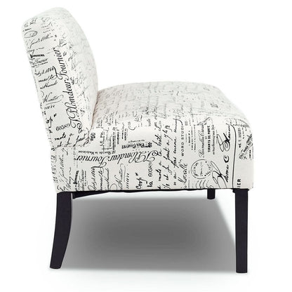 Modern Loveseat Sofa with Off-White Cursive Pattern Upholstery and Black Wood Legs-0