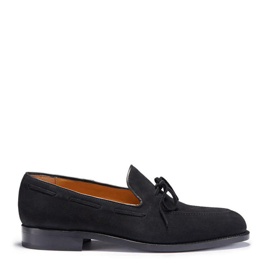 Black Suede Laced Loafers, Welted Leather Sole-0