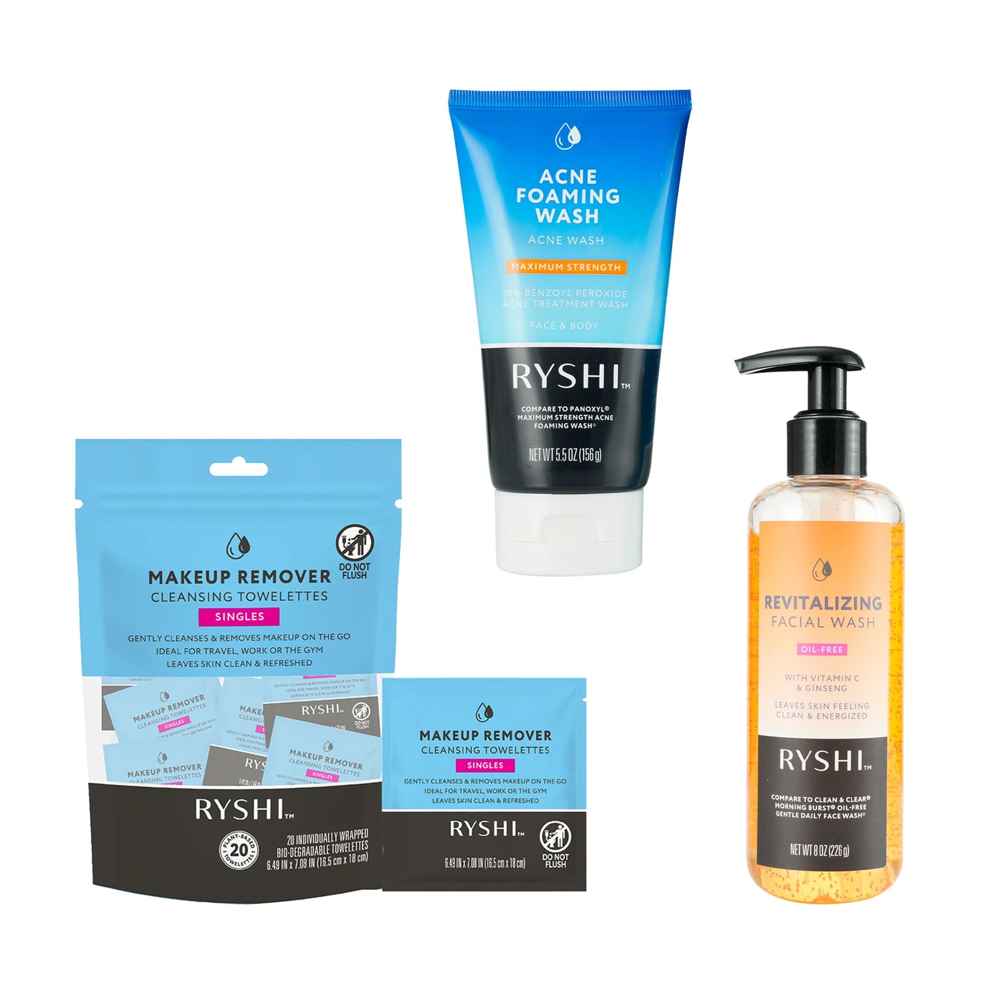 Clear & Glow Skincare Gift Set: Acne Foaming Wash, Revitalizing Facial Wash, and Makeup Remover Cleansing Towelettes-0