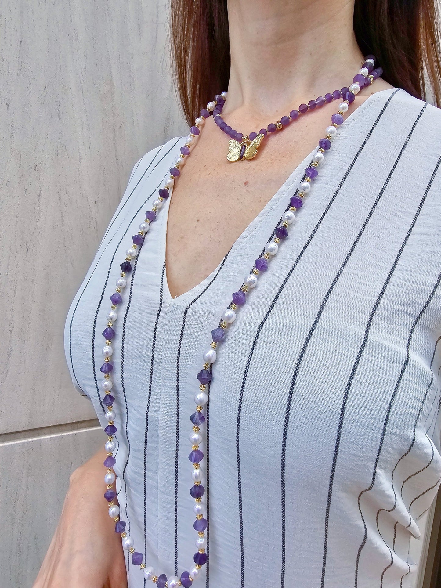 Freshwater Pearls With Amethyst Long Necklace PN015-1