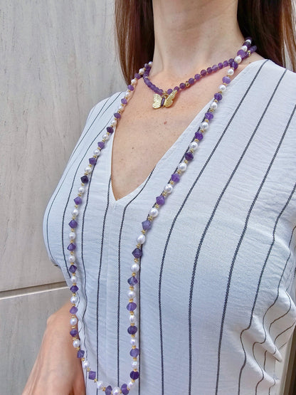 Freshwater Pearls With Amethyst Long Necklace PN015-1