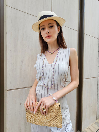 Freshwater Pearls With Amethyst Long Necklace PN015-3