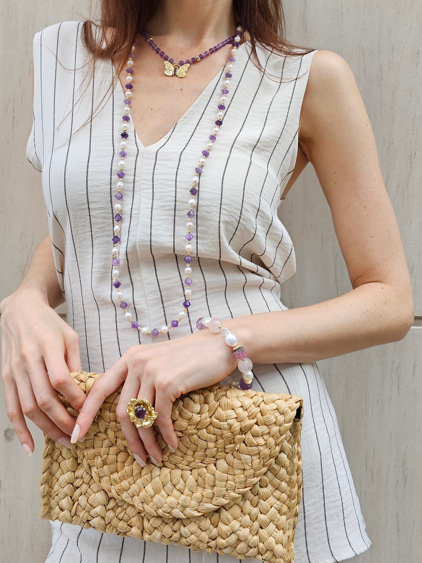 Freshwater Pearls With Amethyst Long Necklace PN015-4