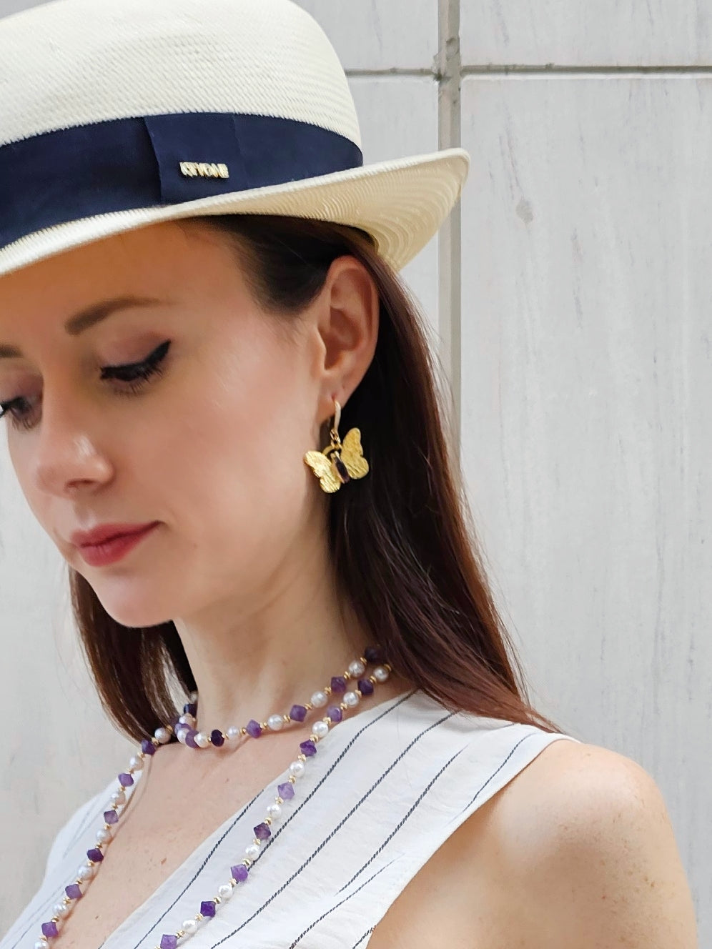 Butterfly With Amethyst Stone Dangle Earrings PE013-3