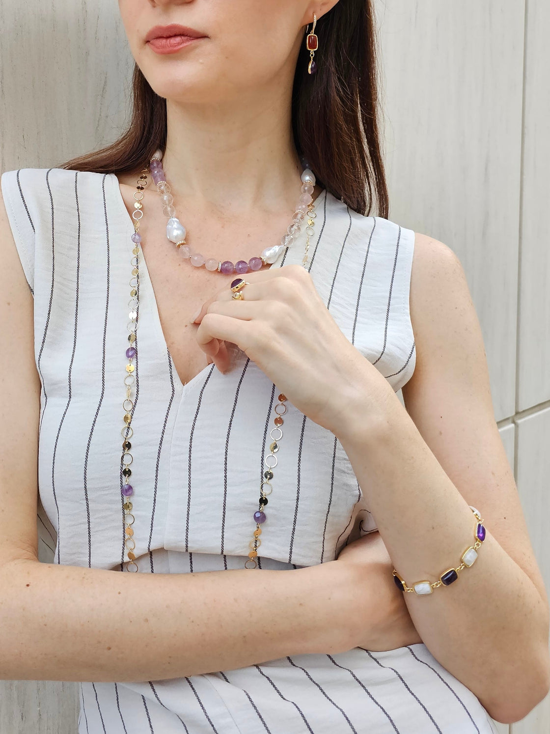 Rose Quartz And Amethyst With Baroque Pearls Necklace PN013-2