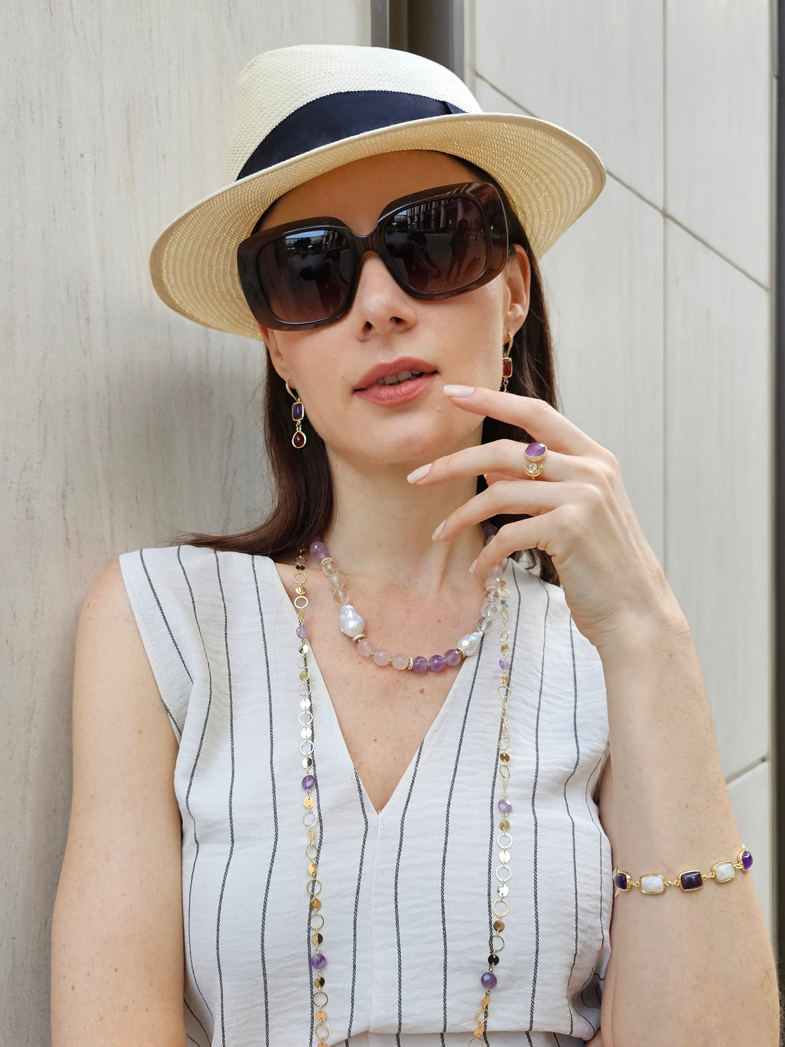 Rose Quartz And Amethyst With Baroque Pearls Necklace PN013-3