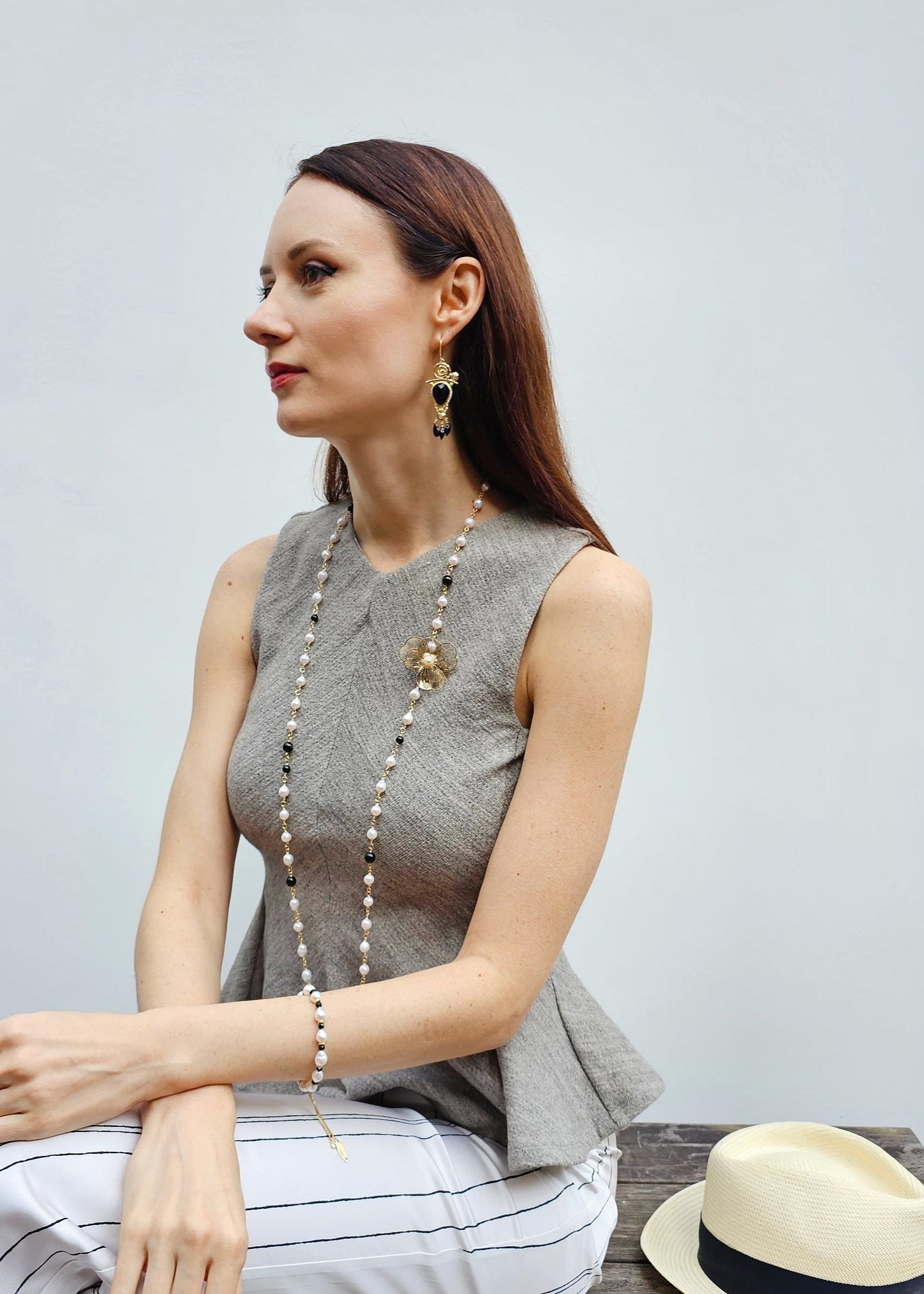 Freshwater Pearls And Black Obsidian With Flower Charm Long Necklace PN004-0