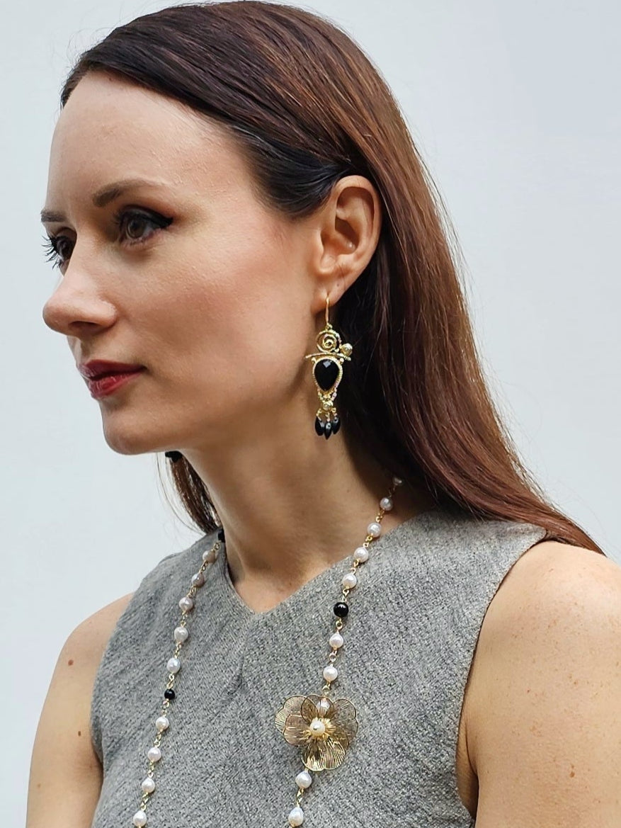 Black Agate Chandelier Earrings PE002-1