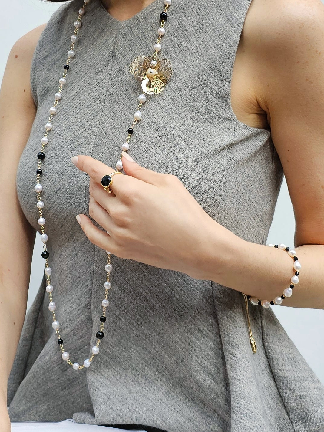 Freshwater Pearls And Black Obsidian With Flower Charm Long Necklace PN004-3