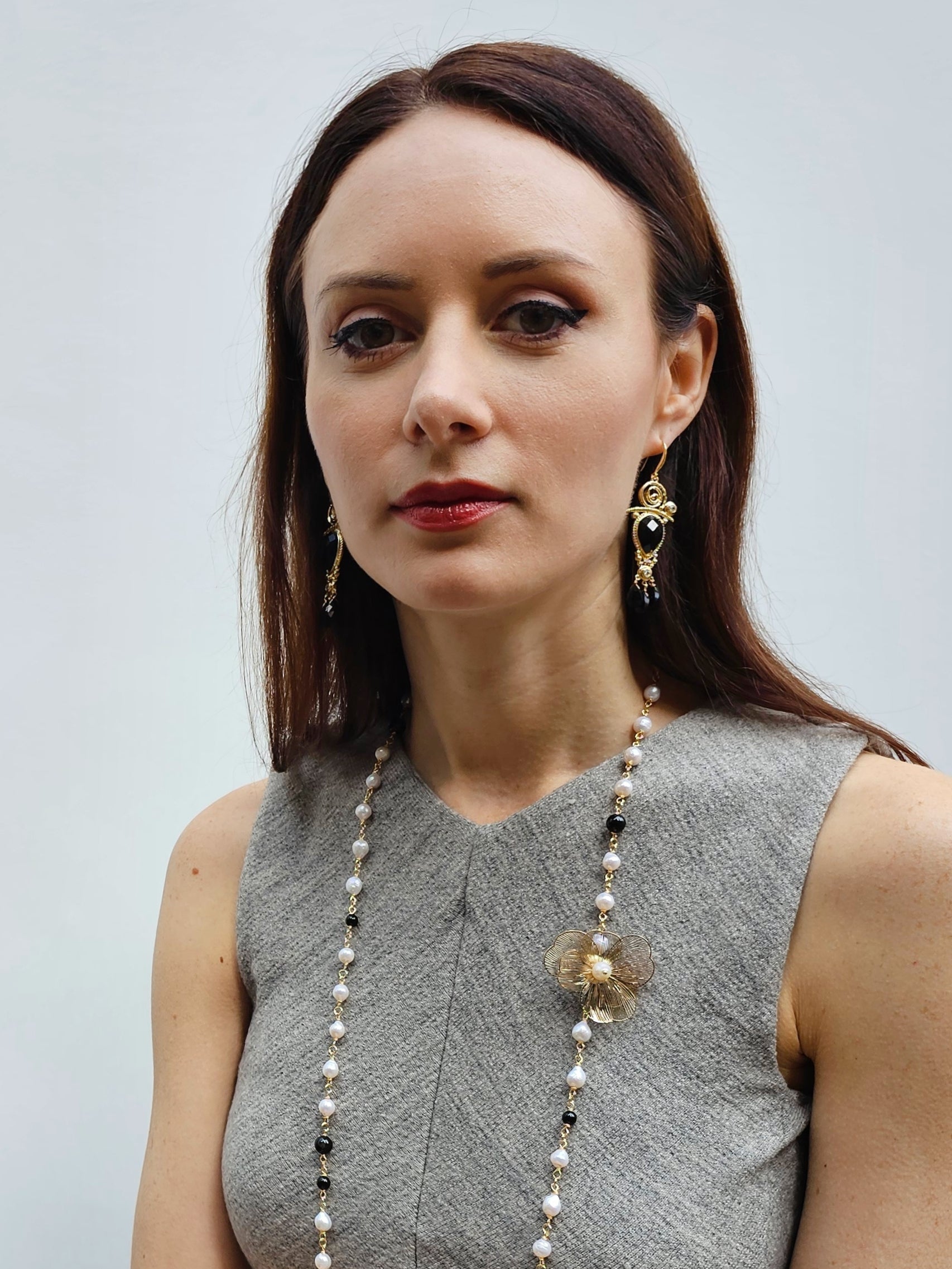 Freshwater Pearls And Black Obsidian With Flower Charm Long Necklace PN004-4