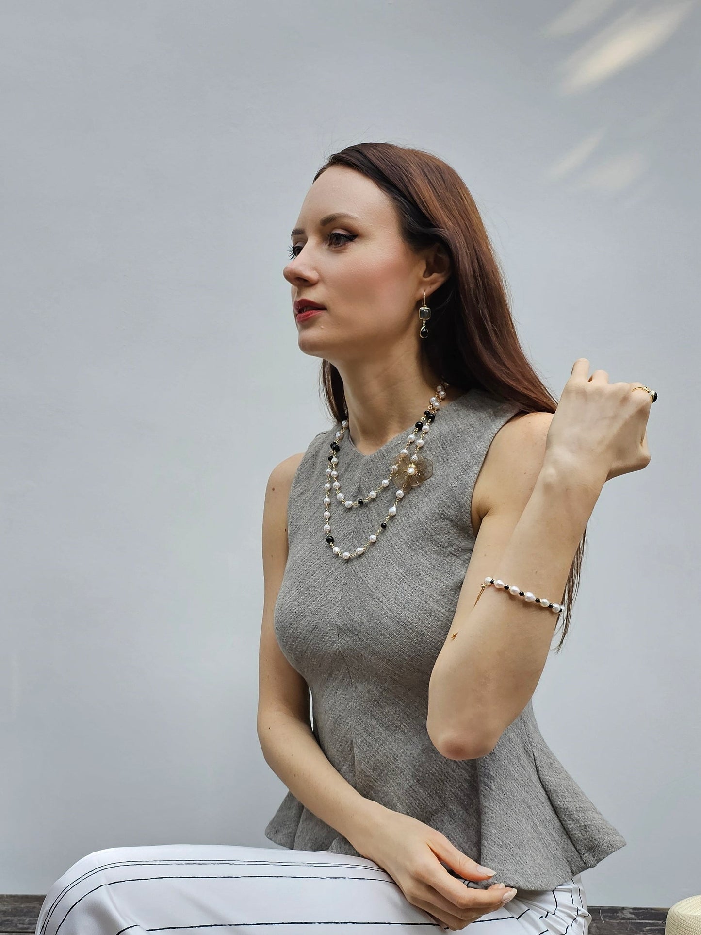 Freshwater Pearls With Black Obsidian Adjustable Bracelet PB001-4