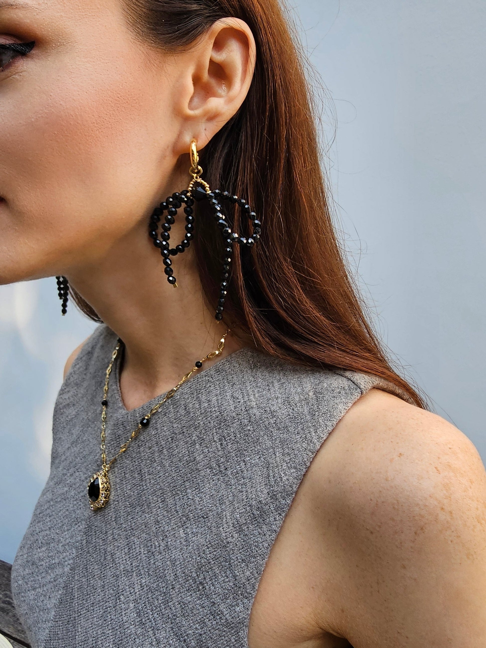 Black Obsidian Crafted Butterfly Knot And Tassel Asymmetric Earrings PE004-1